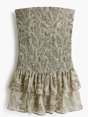 H&M Strapless Smocked Paisley Ruffle Mini Dress - Sage